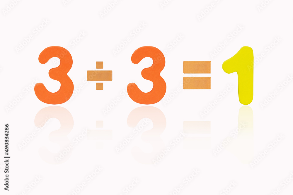 Three divide Three equals One. Isolated on white background. Image of simple math addition operation for kids, Colorful wooden alphabets set sort. 3D illustration or 3D rendering. Three divide Three equals One. Isolated on white background. Image of simple math addition operation for kids, Colorful wooden alphabets set sort. 3D illustration or 3D rendering.