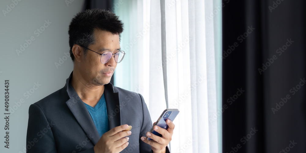 Businessman trading bitcoin in the office Businessman trading bitcoin in the office