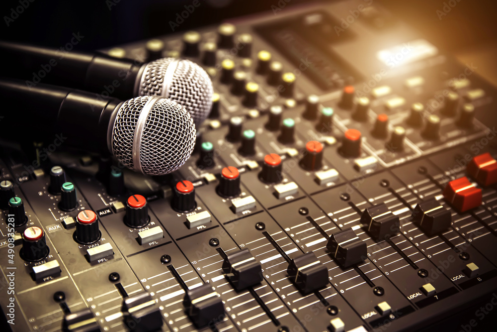 Close-up microphone and sound mixer in studio for sound record control  system and audio equipment and music instrument Stock Photo | Adobe Stock