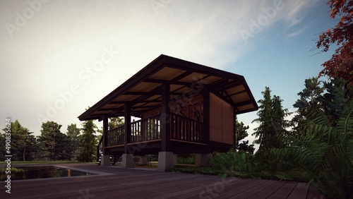 wooden cabin in tropical climate 3d rendering 