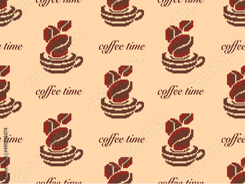 Coffee cartoon character seamless pattern on brown background.Pixel style