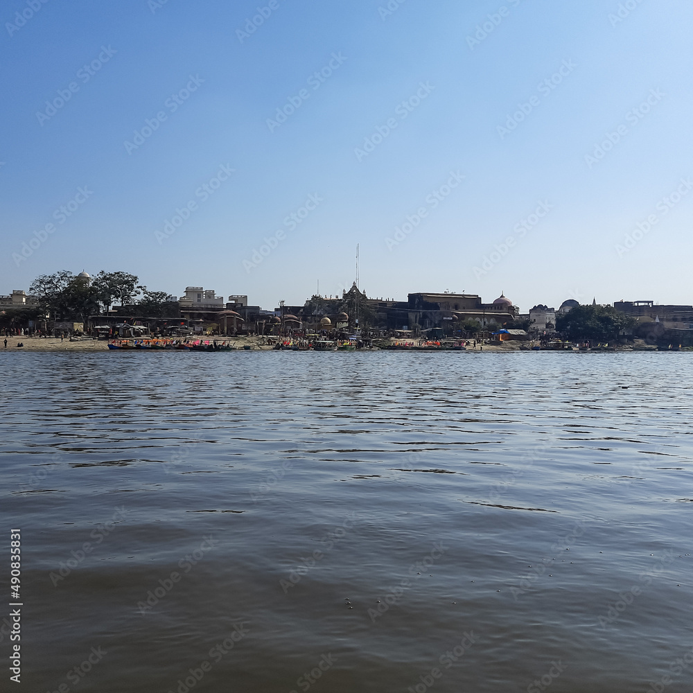 Yamuna River view from the boat in the day at Vrindavan, Krishna temple Kesi Ghat on the banks of the Yamuna River in the town of Vrindavan, Boating at Yamuna River Vrindavan