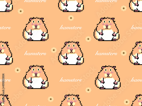 Hamster cartoon character seamless pattern on brown background.Pixel style