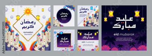 Ramadan Kareem and Eid Mubarak social media post collection. Arabic translation: blessed eid, generous ramadan.