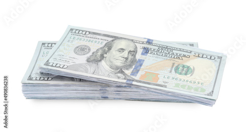 Stack of dollar banknotes on white background. American national currency