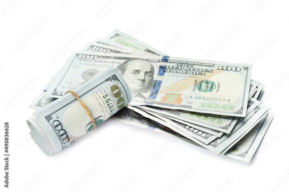 Many dollar banknotes on white background. American national currency Many dollar banknotes on white background. American national currency