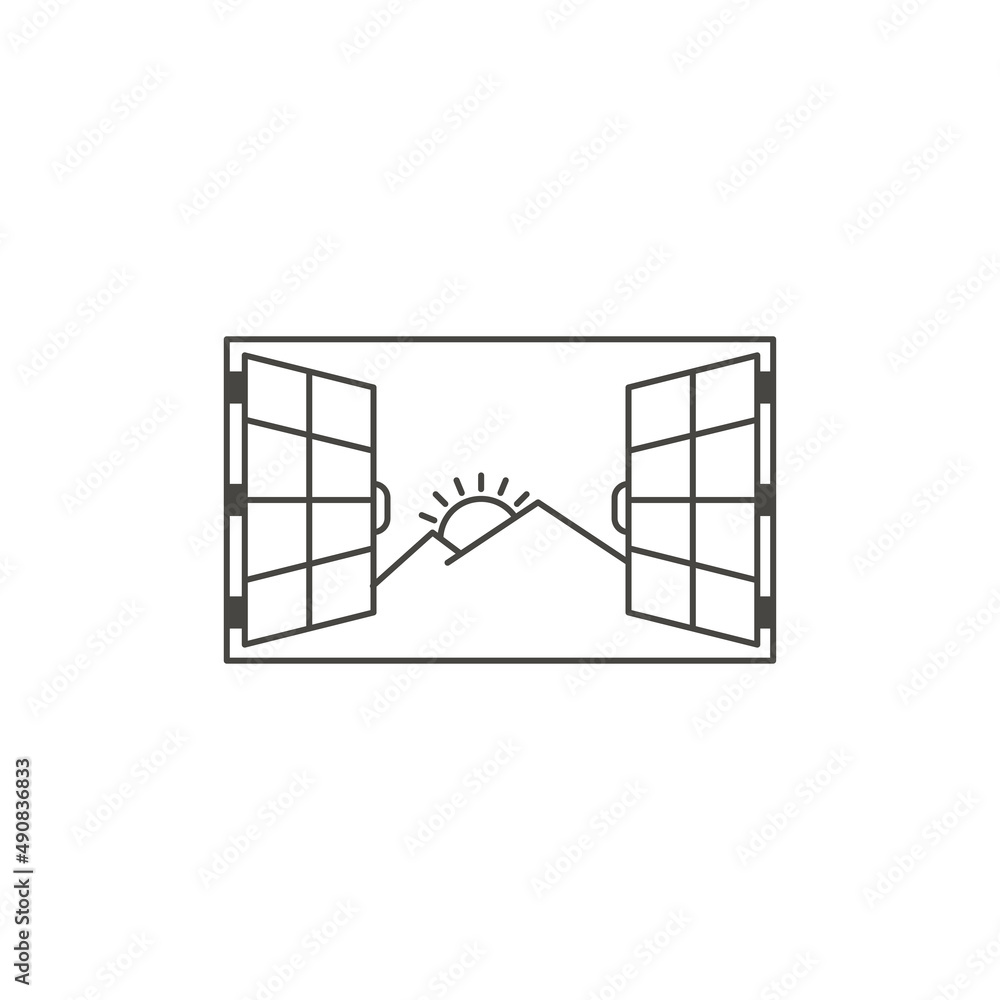Window with mountain view, sunrise. Vector outline icon illustration Window with mountain view, sunrise. Vector outline icon illustration