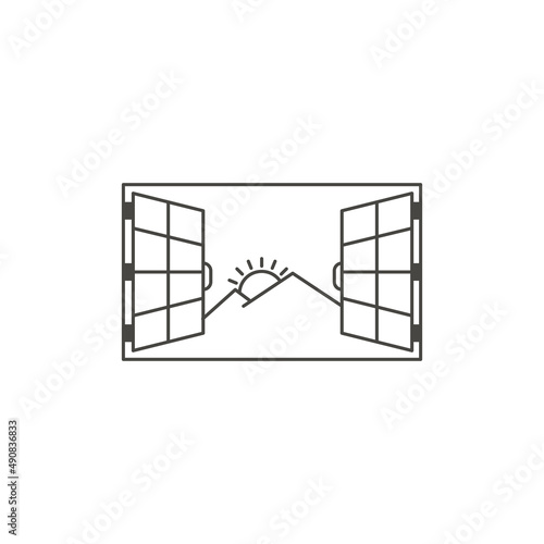 Window with mountain view, sunrise. Vector outline icon illustration