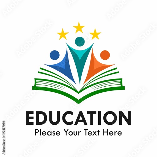 Education logo template illustration. there are three people with book and star