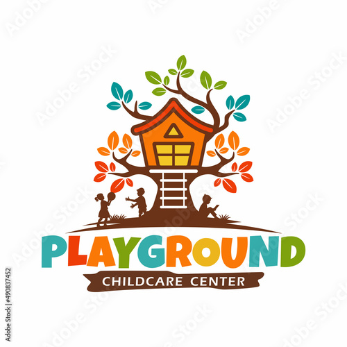 Preschool, kindergarten, playgroup logo icon design template. Children school vector illustration