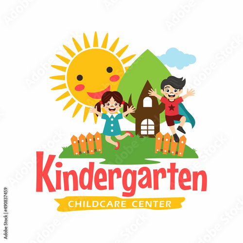 Preschool, kindergarten, playgroup logo icon design template. Children school vector illustration