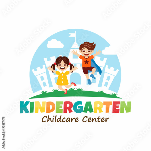 Preschool, kindergarten, playgroup logo icon design template. Children school vector illustration