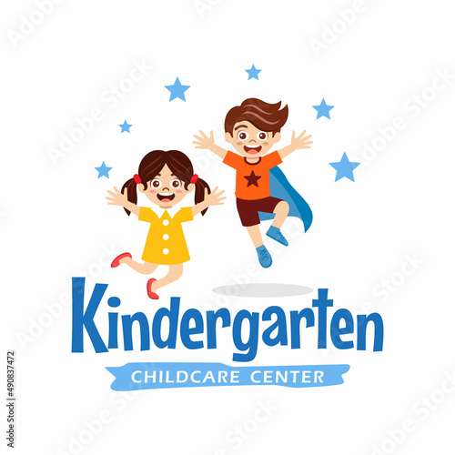 Preschool, kindergarten, playgroup logo icon design template. Children school vector illustration