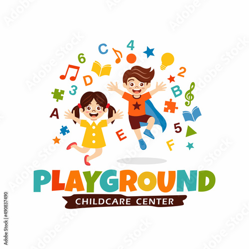 Preschool, kindergarten, playgroup logo icon design template. Children school vector illustration