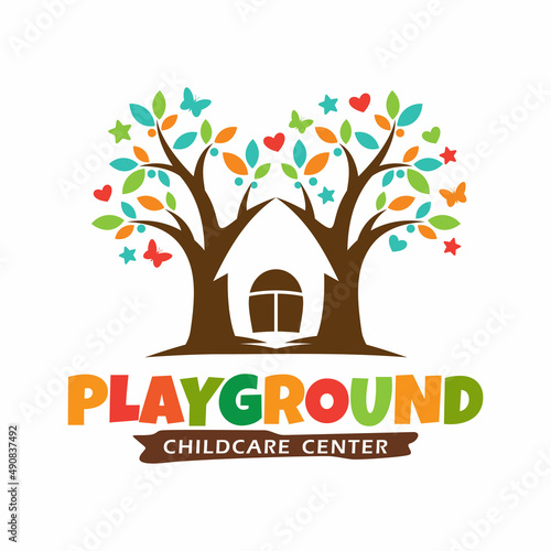 Preschool, kindergarten, playgroup logo icon design template. Children school vector illustration