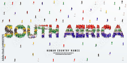 A large group of people stands, making up the word South Africa. South Africa flag made from people crowd. Vector illustration isolated on white background.