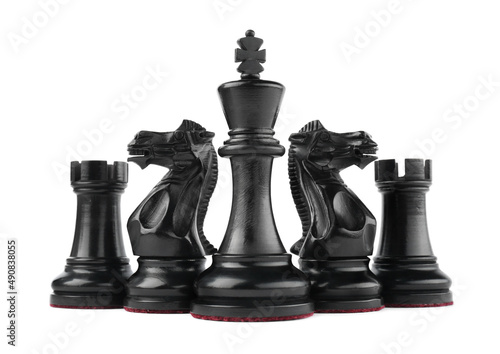 Leinwand Poster Set of black chess pieces on white background