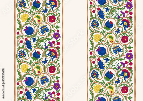 Fantasy flowers in retro, vintage, embroidery style. Seamless pattern, background. Colored vector illustration.