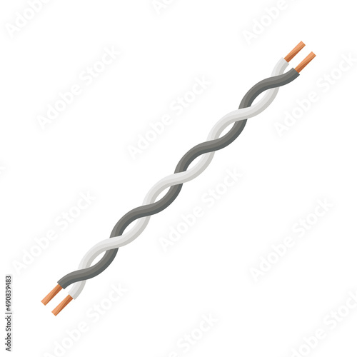 Paired twisted electric wire with a copper core. A wire is an electrical product that serves to connect an electric current source with a consumer, components of an electrical circuit. Vector illustra