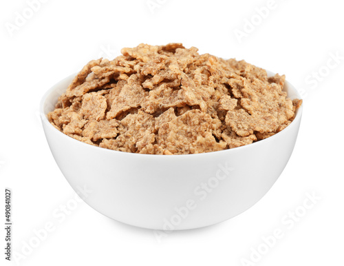 Bowl of delicious crispy breakfast cereal on white background