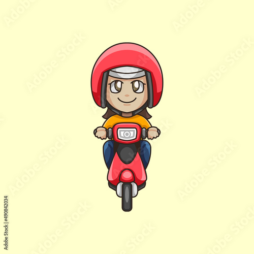 Cartoon girl riding a scooter bike illustration