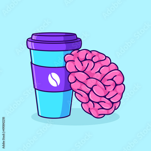Cute brain with coffee cup vector illustration the brain finds inspiration cartoon