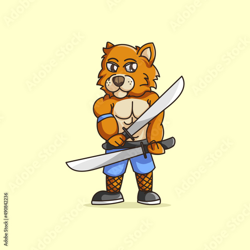 Cartoon tiger holding a sword illustration