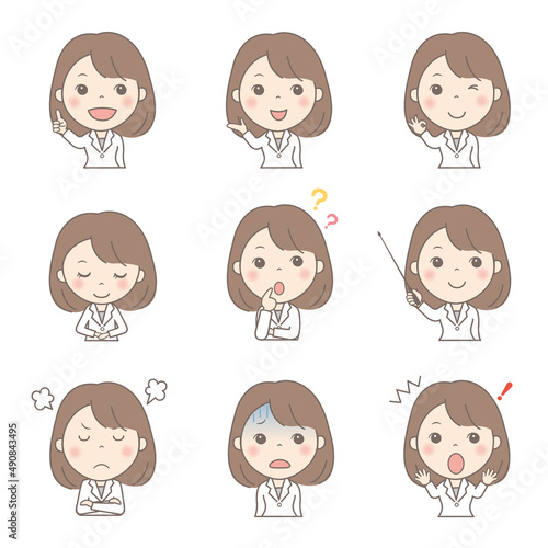 女性の上半身イラストセット（白衣）	