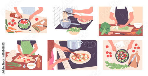 People cook food, prepare meal. Various vegetable dishes.