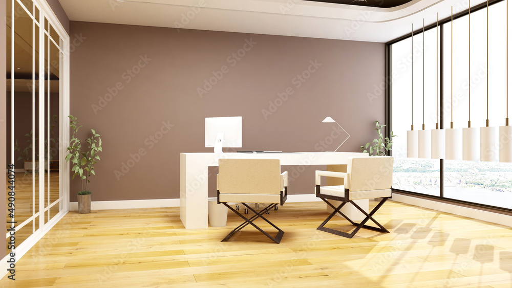 Fototapeta premium modern business office manager room with 3d design interior for company wall logo mockup
