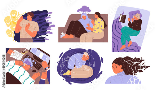 Set of people in difficult situations, experiencing negative emotions, heartache and life difficulties