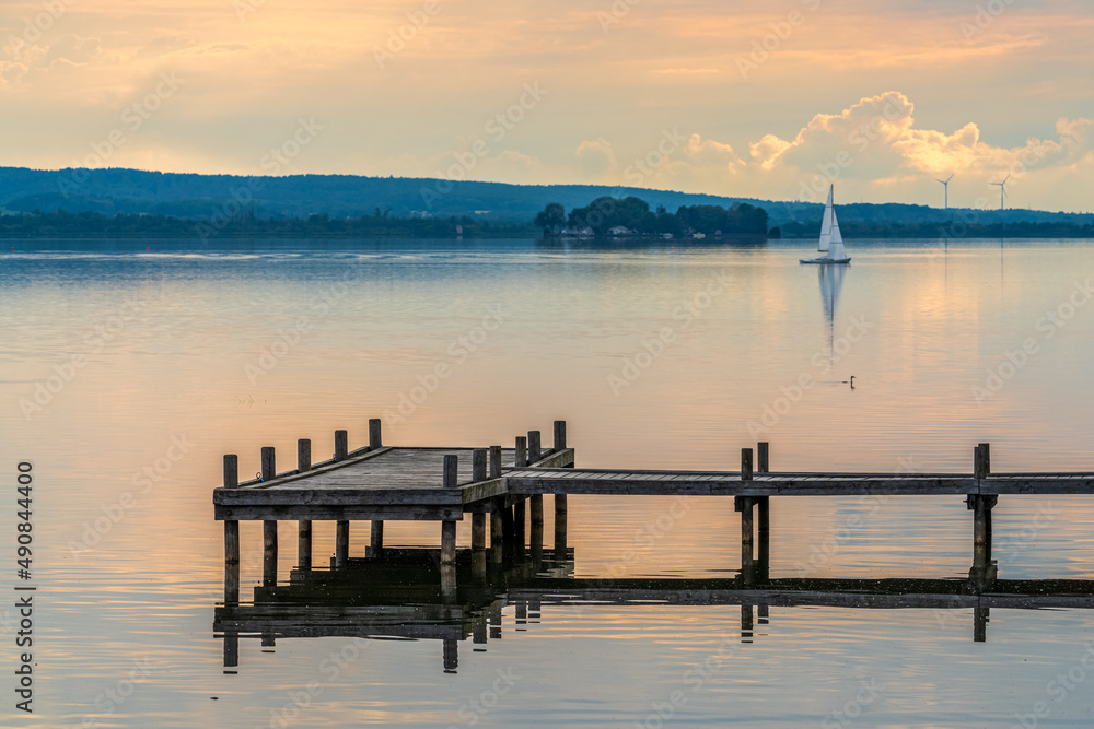A jetty at the shore of the bathing island in Steinhude with view at the Steinhuder, Lower Saxony, Germany