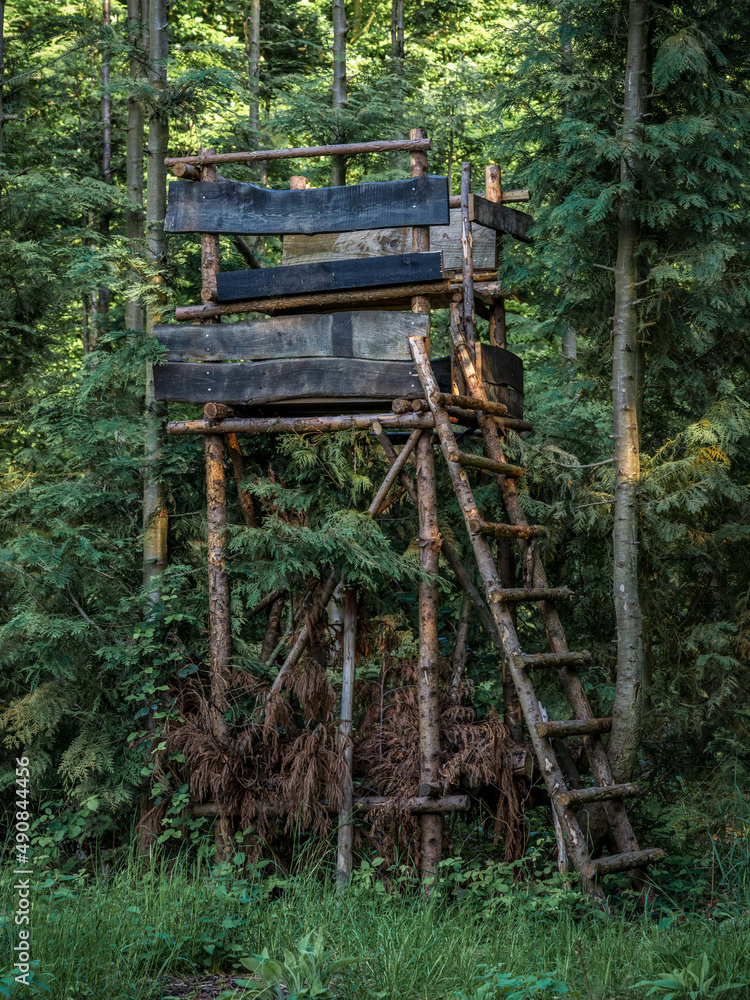 A hunting stand in the Rottbachtal forest in Muelheim an der Ruhr, North Rhine-Westphalia, Germany
