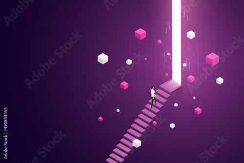 Business woman walking up stairs stepping on big Light Door.