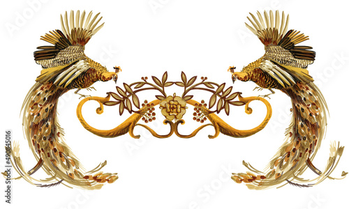 Peacock, vintage golden curl. Oriental gold background. luxury jewerly design