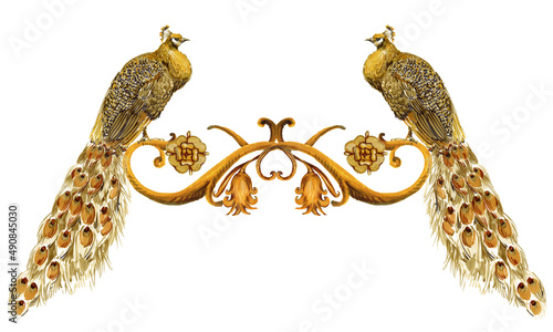 Peacock, vintage golden curl. Oriental gold background. luxury jewerly design
