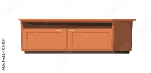Bedside table with doors and niche under table top. Furniture in modern minimalist design. Cartoon style. Object isolated on white background. Vector