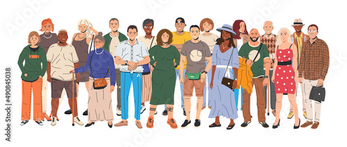 Diverse Multicultural and Multiracial People Group. Man and Woman in Trendy Outfit Standing Together. People with Different Hairstyles and Ethnicities in Casual Clothes. Flat Vector Illustration