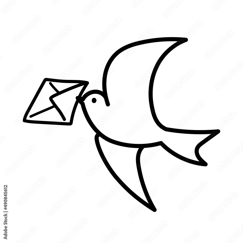 手紙を運ぶ可愛い小鳥のイラスト モノクロ線画 Stock Vector Adobe Stock