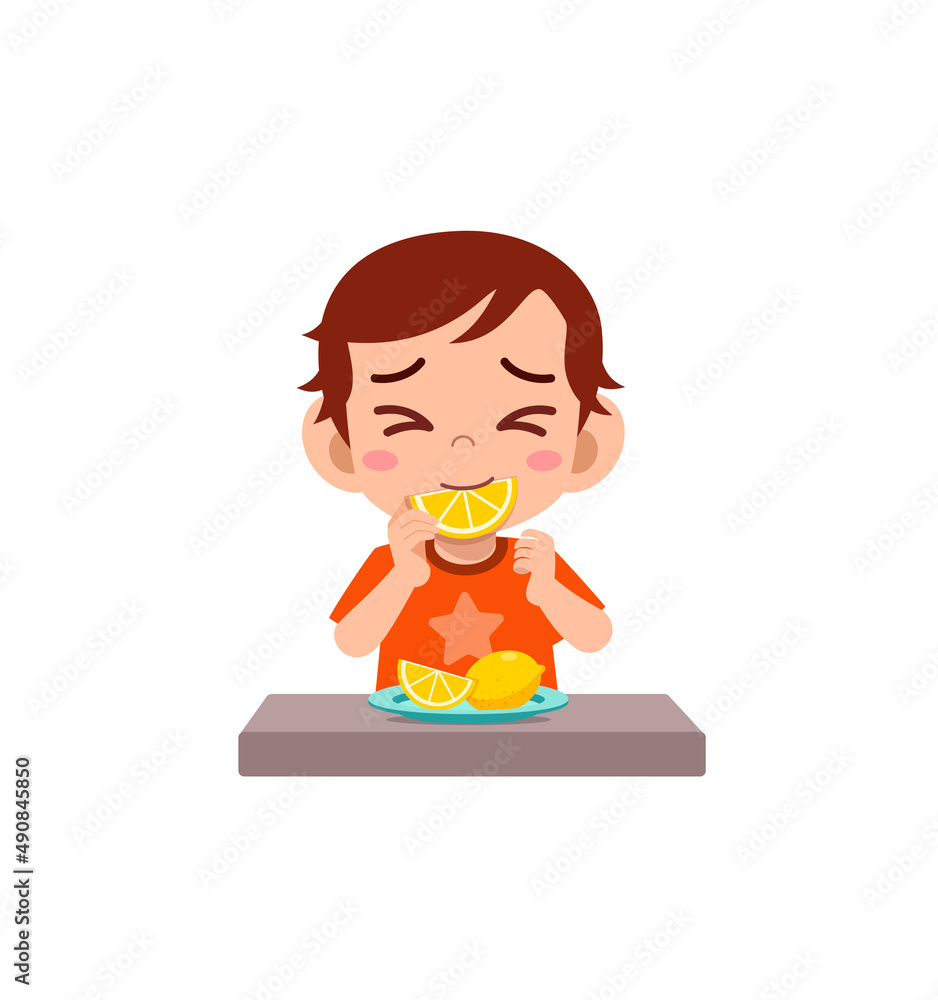little boy eat sour lemon and show funny expression little boy eat sour lemon and show funny expression