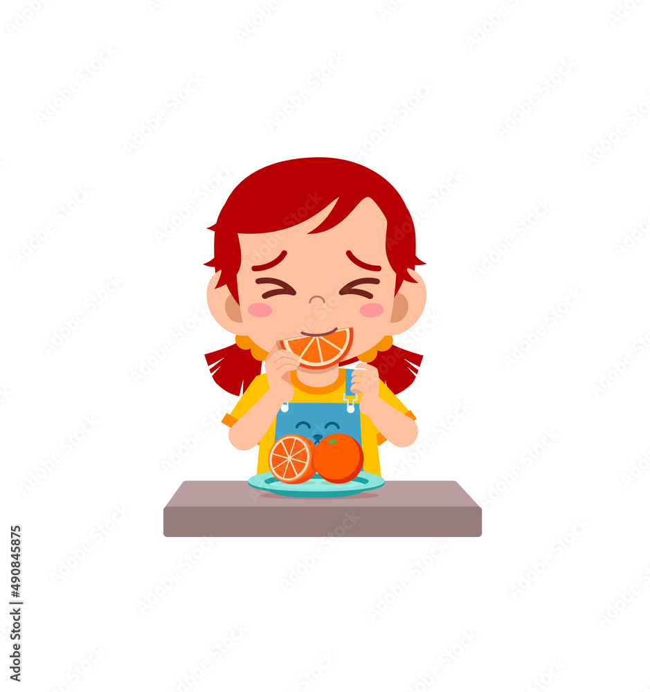 little girl eat sour orange and show funny expression little girl eat sour orange and show funny expression