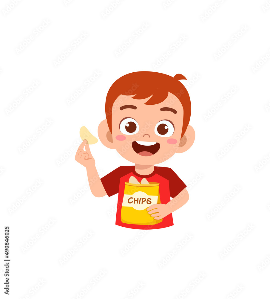 little girl eat potato chips and feel happy little girl eat potato chips and feel happy