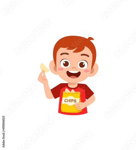 little girl eat potato chips and feel happy