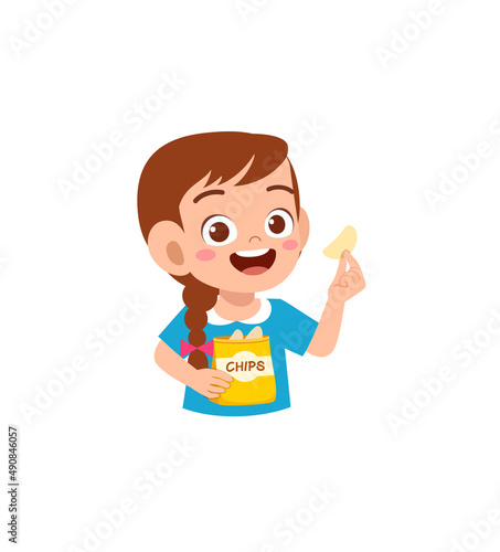 little girl eat potato chips and feel happy