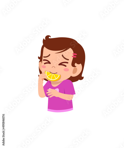 little girl eat sour lemon and show funny expression