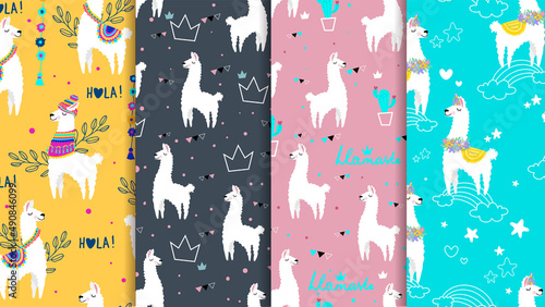 Children's big bright set of seamless patterns with llamas texture for clothes, bags, shoes. Lamas of Peru in beautiful blankets with flowers seamless pattern brown and pink easy to use.