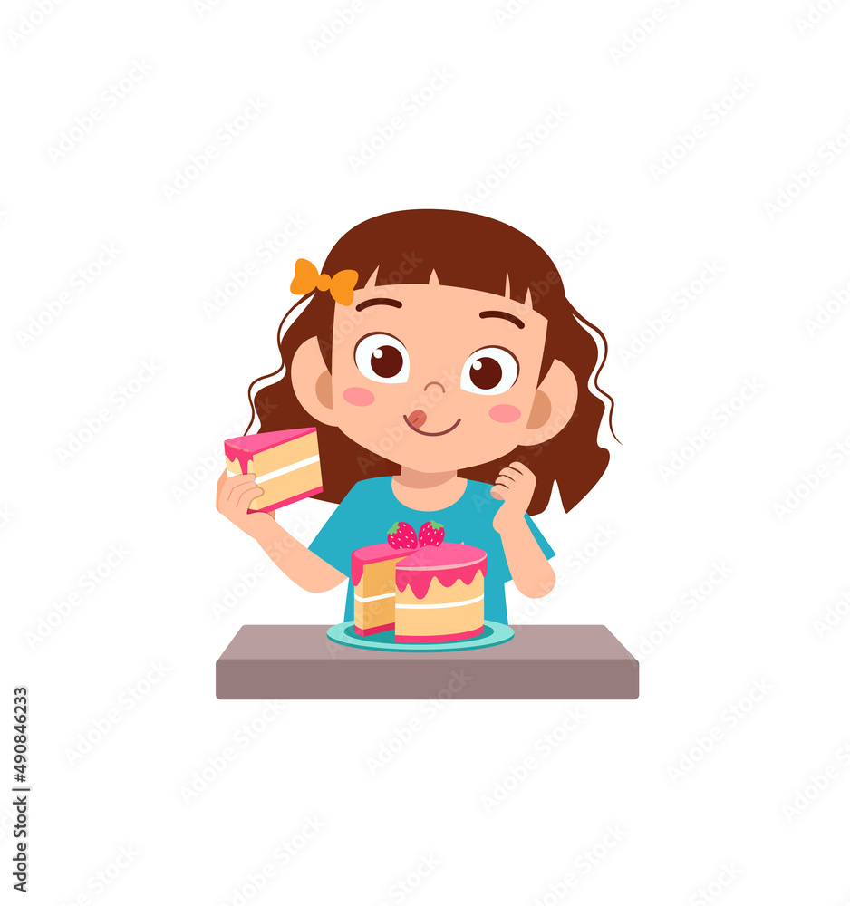 little girl eat sweet cake and feel happy little girl eat sweet cake and feel happy