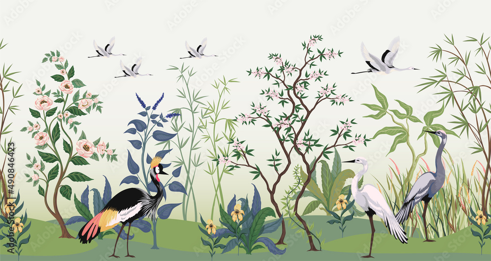 Chinoiserie garden wallpaper. Traditional oriental horizontal pattern with  botanical elements and birds. Bamboo and blooming trees. Animals and  flowers. Asian nature. Vector background Stock Vector | Adobe Stock