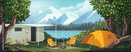 Cartoon camping. Summer nature scene with trailer tent and bonfire. Scenic forest panorama. Lake and mountain peaks scenery. Empty campsite in woodland meadow. Vector landscape background