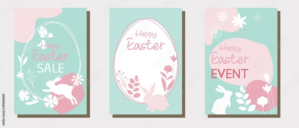 Set of Happy easter frames, Decorative vector template for Easter event, sale, promotion and design. Bunny, egg hunting festival cover collection. Vector illustration. 